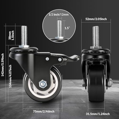 Caster Wheels with Threaded Stem, 3 Inch Locking Casters Set of 4 - size: 3"4pack