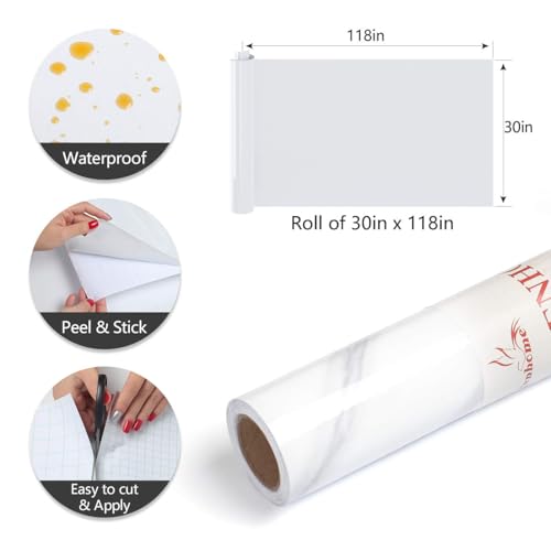 YENHOME 30x118 Inch White Marble Contact Paper for Countertops Waterproof Self Adhesive Marble Wallpaper Marble Contact Paper Peel and Stick Countertops Wrap for Kitchen Counter Glossy Marble Paper - size: 30" x 118"