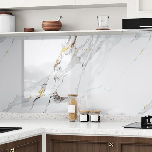 Crackle White Marble Contact Paper for Countertops Waterproof Glossy Granite Wallpaper Peel and Stick White/Grey Marble Vinyl Countertop Wallpaper for Kitchen Bathroom Tables 17.7"x315" - size: 17.7" x 315"