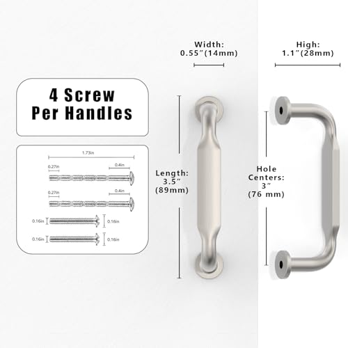 10 Pack Brushed Satin Nickel Cabinet Pulls 3 Inch(76mm) Kitchen Cabinet Handles Cabinet Hardware for Drawer Pulls - color: Brushed Satin Nickel, size: 3" Hole Center