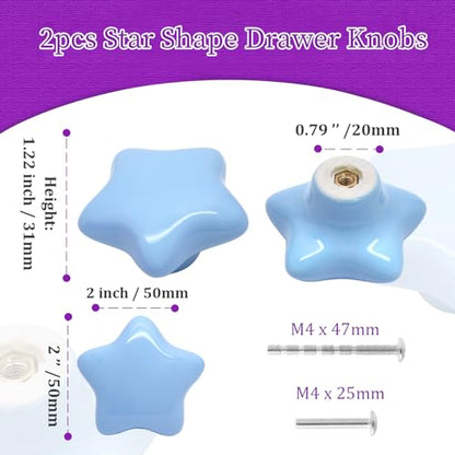2pcs Ceramic Star Blue Drawer Knobs, Cute Cabinet Pulls for Kids - color: Blue + Star Shape, size: 2 Pack
