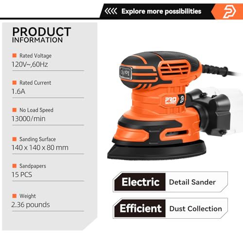 Prostormer Detail Sander, 13000RPM Mouse Sander, 1.6A Electric Palm Sanders - color: Orange