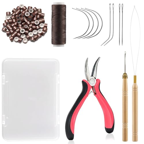 VCAY Hair Extension Tools Kit,200 Beads,Plier,Threader,Hook,Needles,Thread - color: Brown