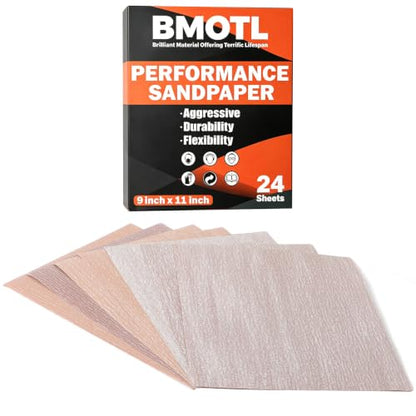 Aluminum Oxide Sandpaper Sheets 9x11, 120-600 Assorted Grit 24 Pack
