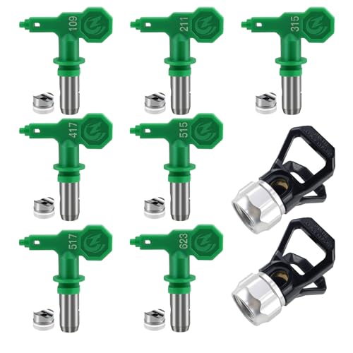 7 Pcs Airless Sprayer High Pressure Tips Reversible Spray Nozzle Tips with 2pcs Tip Guards for Airless Paint Spray Guns (109, 211,315, 417, 515, 517, 623) - color: B-green 109, 211,315, 417, 515, 517, 623