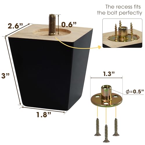CODIN (5 Sizes: 3"-4"-5"-6"-8" Set of 4 Wood Furniture Legs - Square Sofa Legs, Couch Leg - Brown Mid-Century Modern Replacement Legs for Armchair Recliner Coffee Table Dresser (3") - size: 3"