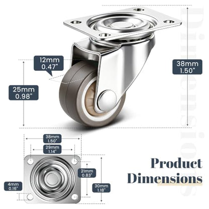 Mellewell 1" Silent Rubber 360 Degree Swivel Plate Casters, Low Profile Wheels, No Noise Plate Castors for Cabinet, Table, Carts, 4 PCS - size: 1" (no brake)