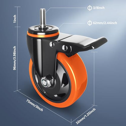 3 Inch Caster Wheels Heavy Duty 3/8" Threaded Stem Casters Set of 4 - color: Orange, size: 3in(3/8"-16)