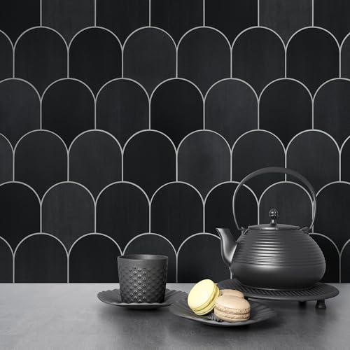 10-Sheet Fish Scale Peel and Stick Backsplash Tile, 11.4" x 10.9" Stone Composite Scallop Handmade Looks Self-Adhesive Wall Tiles for Kitchen Bathroom, Black Mixed - color: Black Mixed, size: Fish Scale