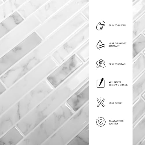 Peel and Stick Backsplash Tile, Stick on White Marble Look Mosaic Wall Tile - color: Marble White