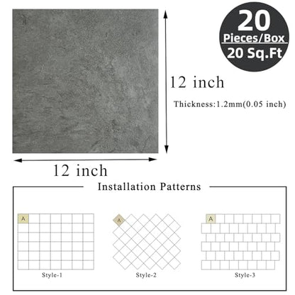 Peel and Stick Floor Tile 12 x 12 Inch Self Adhesive Marble Vinyl Flooring - color: Dark Grey Slate