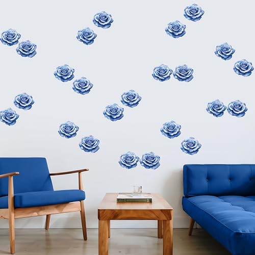 Watercolor Roses Wall Decals, 24 Large Easy Peel & Stick Roses Stickers, Premium Removable and Repositionable Floral Wall Art Fabric Stickers (Blue) - color: Blue