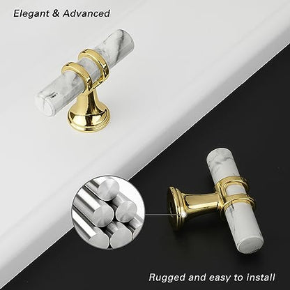 Rergy 10 Pack Cabinet knobs, White Marble & Polished Gold Single Hole Pulls - color: White Marble & Gold, size: Single Hole
