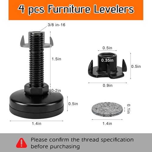 Leveling Feet, Adjustable Furniture Feet, 3/8"-16 Thread Furniture Feet Levelers, Heavy Duty Table Cabinet Sofa Dresser Leg Levelers Screw in with Threaded Inserts, 4 Pcs, Black