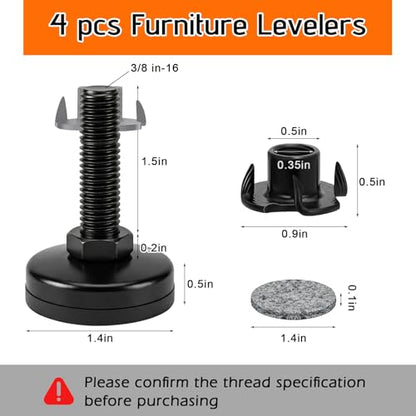 Leveling Feet, Adjustable Furniture Feet, 3/8"-16 Thread Furniture Feet Levelers, Heavy Duty Table Cabinet Sofa Dresser Leg Levelers Screw in with Threaded Inserts, 4 Pcs, Black