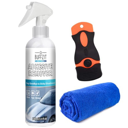 Car Adhesive Remover Spray – Glue & Sticker Remover for Car Paint, Glass & Windows, Removes Decals, Tape & Label Residue – Automotive Adhesive Cleaner Kit with Scraper & Towel, 3.4oz/100ml