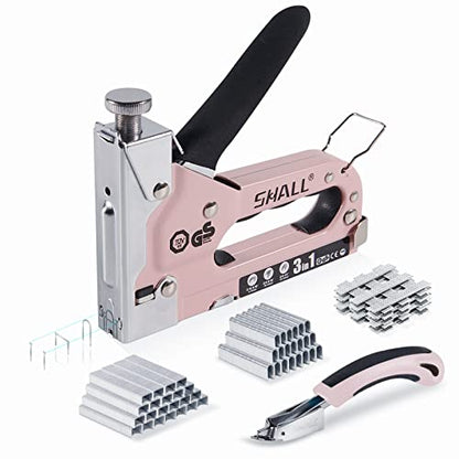 SHALL Staple Gun Heavy Duty, 3-in-1 Upholstery Staple Gun Kit with 3000 Staples, Stapler Remover, Manual Brad Nailer with Specific Staples Outlet Position Indicator - color: Pink, size: 3-in-1