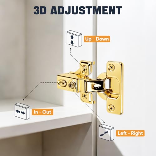 Mousike 10 Pack (5 Pair) Soft Close Cabinet Hinges, 1/2 Overlay Soft Close Hinges for Kitchen Cabinet, Stainless Steel, Built-in Damper, 100 Degree Opening Angle, 6 Way Adjustment (Gold) - color: Gold, size: 10 Pack