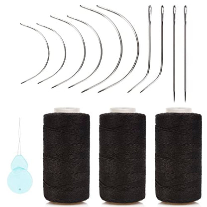 XCZYN Needle and Thread Set Professional Hair Extension Tools 10Pcs Curved Needle with 3Pcs Black Threads for Making Wig DIY Hand Sewing Hair Weave Extension (3 Thread, Black)