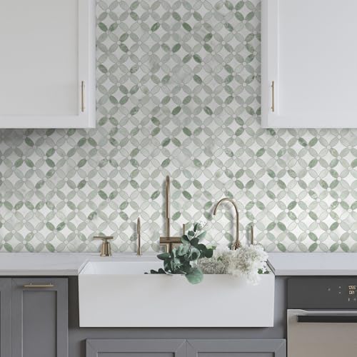 10-Sheet Peel and Stick Backsplash Coin Waterjet Tile, 11.2" x 11.2" Green Marble Looks Self Adhesive Wall Tile Stick on Backsplash for Kitchen, Bathroom, Fireplace, Shower