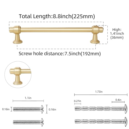 10 Pack Brushed Gold Cabinet Pulls 7-1/2 Inch(192mm) Hole Center Drawer Pulls Cabinet Hardware Kitchen Cabinet Handles for Bathroom Dresser Pulls - color: Brushed Gold, size: 7.5" Hole Center（192mm）