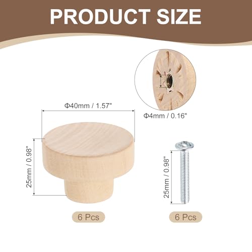 uxcell 6Pcs Round Wood Drawer Knob, 1 5/8" Diameter Flat Round Dresser Knobs Wooden Knobs with Screws for Furniture Drawer Dresser Wardrobe Cupboard - size: 1 5/8"