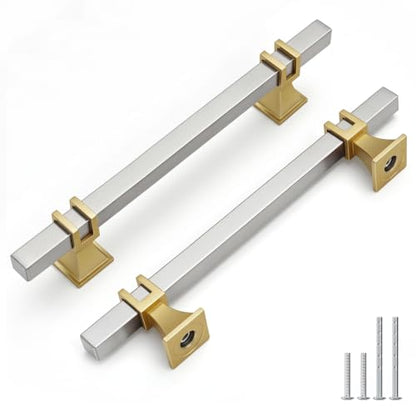 Goldenwarm Brushed Nickel and Gold Cabinet Pulls 5" Nickel and Brass Pulls - color: Brushed Nickel & Matte Gold, size: 5 Inch Hole Centers