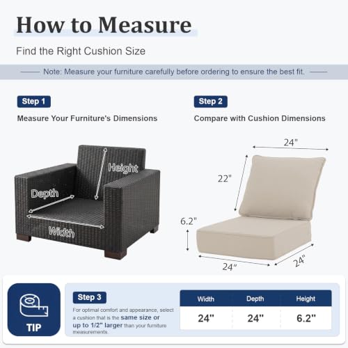 ZCUBED Luxury 6.2" Thick Outdoor Chair Cushions 2 Set - 24 x24 Inch 30D Sponge Filling Fade-Resistant Chair Cushion, Water Resistant & Removable Cover Patio Furniture Replacement Cushion,Beige - color: Beige, size: 24"x24" Extra Thick