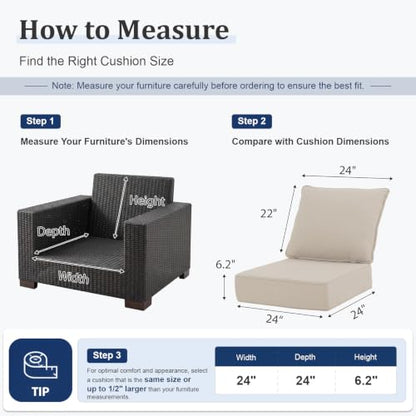ZCUBED Luxury 6.2" Thick Outdoor Chair Cushions 2 Set - 24 x24 Inch 30D Sponge Filling Fade-Resistant Chair Cushion, Water Resistant & Removable Cover Patio Furniture Replacement Cushion,Beige - color: Beige, size: 24"x24" Extra Thick