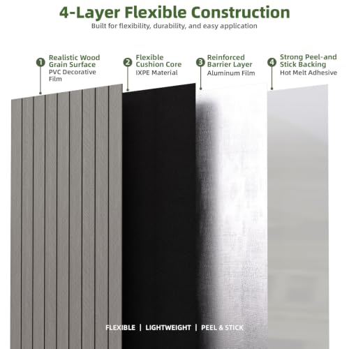 Elvone Peel and Stick PVC Slat Wood Wall Panel, Grey, 236" x 15.7" - color: Gray, size: 15.7" x 236"