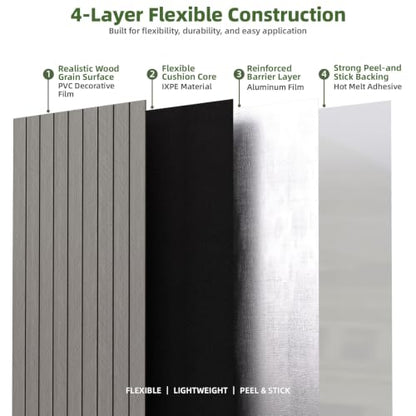 Elvone Peel and Stick PVC Slat Wood Wall Panel, Grey, 118" x 15.7" - color: Gray, size: 15.7" x 118"