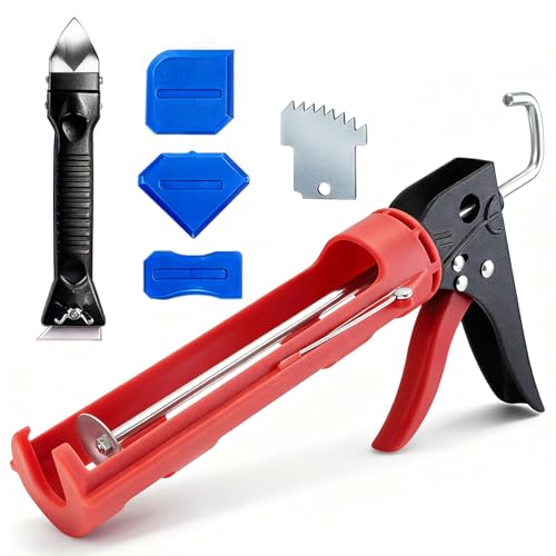 Caulk Gun Kit, Caulking Gun No Drip with 3 Silicone Caulking Tool and 3 in 1 Caulk Remover Tool, 15:1 Thrust Ratio, Professional Hand Caulking Gun Tool for the Seams of Bathroom and Kitchen Sinks - color: Red