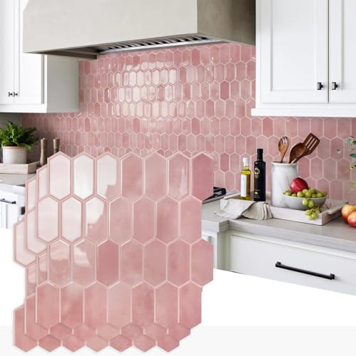 Vamos Tile Thicker Design Long Hexagon Peel and Stick Backsplash Tile - color: Pink with Pink Grout