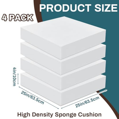 Frienda 4 Pack 4" x 25" x 25" Upholstery High Density Foam Cushion, White - color: White, size: 4" x 25" x 25"