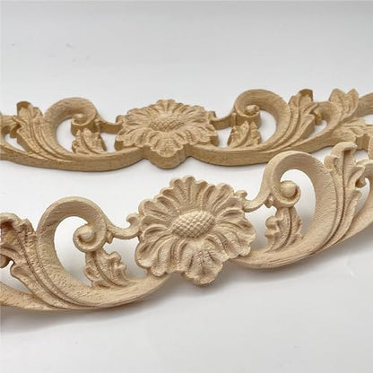 2Pcs Wood Carved Onlays Flower Long Appliques, Unpainted Ornate Details Wooden Carvings Decals for Door Cabinet Wall Bed Dresser Fireplace Ceiling Cupboard Stairs European Decor, 30x4cm/11.81x1.57in - size: 30x4cm/11.81x1.57in