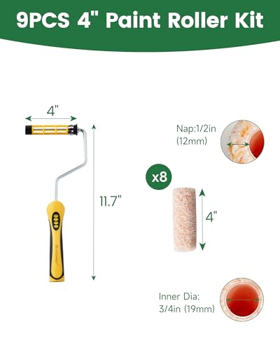 Voomey 4 Inch Paint Roller with Frame - size: 9pcs