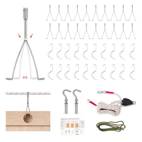 Cabinet Door Painting Hangers, 40PCS 304 Stainless Steel Cabinet Door Hangers, Welded Painting Hooks with Wall Mount Hooks & Adjustable Rope Pulley System for Furniture Refinishing