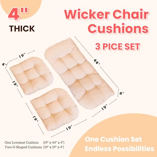 Wicker Chair Cushions 3 Piece Set, Waterproof Outdoor Cushion for Patio Furniture, Loveseat and U-Shaped Wicker Furniture Cushions, Khaki - color: Khaki
