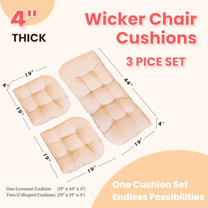 Wicker Chair Cushions 3 Piece Set, Waterproof Outdoor Cushion for Patio Furniture, Loveseat and U-Shaped Wicker Furniture Cushions, Khaki - color: Khaki
