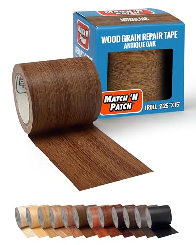 MATCH 'N PATCH Wood Grain Repair Tape - Antique Oak, 2.25 in x 15 ft (1-Pack) – Wood Grain Colored Duct Tape for Mirror Frame, Trim, Borders, Floor and Other Furniture, Scratch Repair Kit - color: Antique Oak, size: 2.25" x 15'