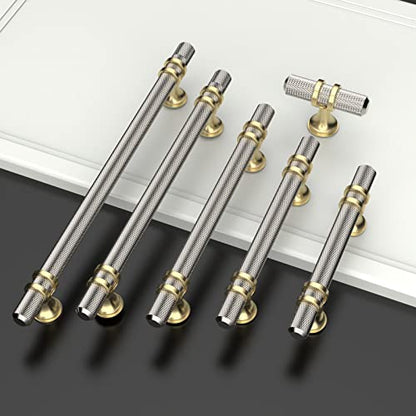 Amerdeco 10 Pack Knurled Brushed Satin Nickel Cabinet Pulls 5 Inch Hole Center Kitchen Cabinet Handles for Drawer Dresser, Cupboard and Wardrobe ZH0025… - color: Nickel+gold, size: 5"/128MM Hole Center, style: 10 Pack