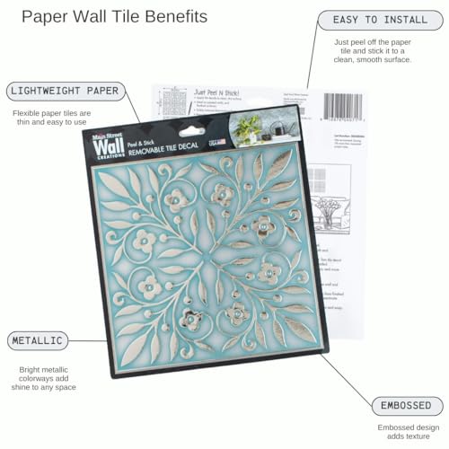 Main Street Peel and Stick Wallpaper Tiles, Teal & Silver Leaves, 24-Pack - style: Teal and Silver Leaves