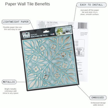 Main Street Peel and Stick Wallpaper Tiles, Teal & Silver Leaves, 24-Pack - style: Teal and Silver Leaves