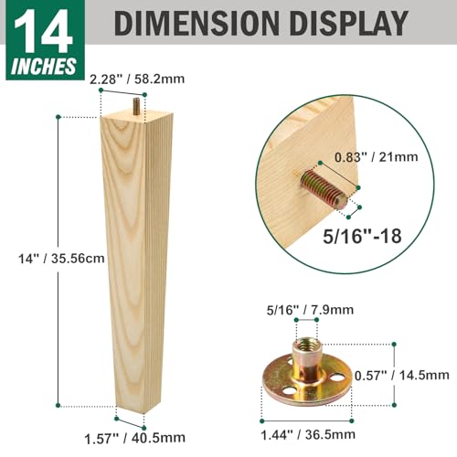 FoDau770 Square Furniture Legs 14 Inch, Ash Wood Legs with 5/16"-18 Bolts - size: 14 Inch
