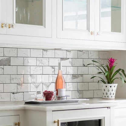 STICKGOO 10-Sheet Backsplash Peel and Stick Subway Tile(Thicker Design) - color: Glossy Grey Marble