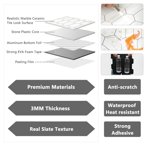 Vamos Tile Long Hexagon Peel and Stick Backsplash Tile - 10 Sheets Stick on Backsplash for Kitchen and Bathroom 12.4 x 12 Inch Glossy Dolomite White PVC Self Adhesive Mosaic Wall Tiles - color: Glossy Dolomite White