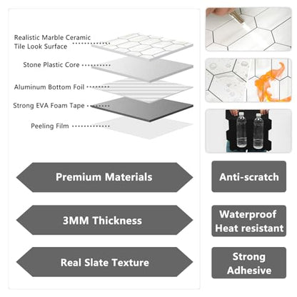 Vamos Tile Long Hexagon Peel and Stick Backsplash Tile - 10 Sheets Stick on Backsplash for Kitchen and Bathroom 12.4 x 12 Inch Glossy Dolomite White PVC Self Adhesive Mosaic Wall Tiles - color: Glossy Dolomite White