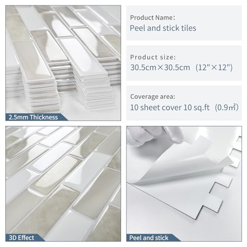 Beige Peel and Stick Backsplash 3D Self Adhesive Wall Tile 10 Sheet - color: Beige White