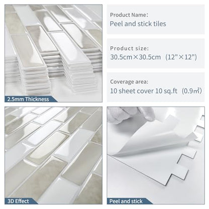 Beige Peel and Stick Backsplash 3D Self Adhesive Wall Tile 10 Sheet - color: Beige White
