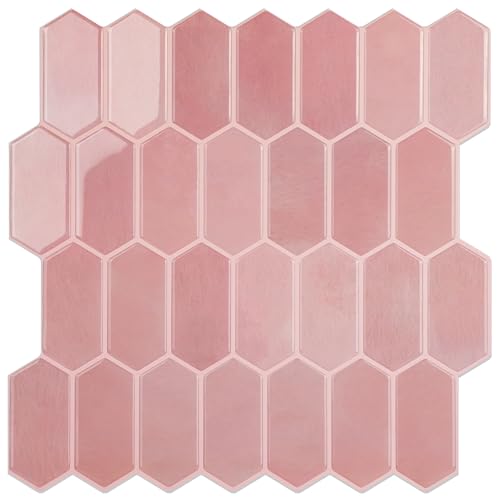 Peel and Stick Tile for Kitchen, Thicker Design 3D Self -Adhesive Long Hexagon Wall Tile Backsplash, Pink 10-Sheet 12"x12" Stick on Tiles, Peel and Stick Wall Tiles for Kitchen - color: Pink
